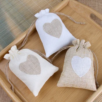 10шт 10x14 см хлопчатобумажные льняные сумки на шнурке с романтическим рисунком сердца в стиле ретро Подарочная упаковка Сумки Маленькие мешочки Принадлежности для хранения