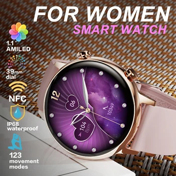 2023 NFC Bluetooth вызов Смарт-часы Женские часы с разрешением AMOLED 1.1 Водонепроницаемые женские часы для фитнеса на заказ Бесплатная доставка