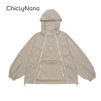 ChiclyNana Повседневная осенняя мужская свободная куртка на шнуровке с капюшоном на двойной молнии, пальто для спорта на открытом воздухе