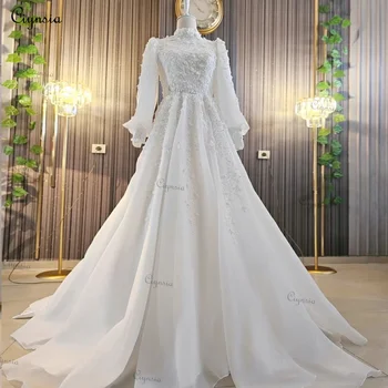 Ciynsia Франция Мусульманские Свадебные Платья для Женщин 2023 Невеста Кружевное Свадебное Платье С Длинным Рукавом И Высоким Вырезом Дубай Аппликации Robe De Mariée