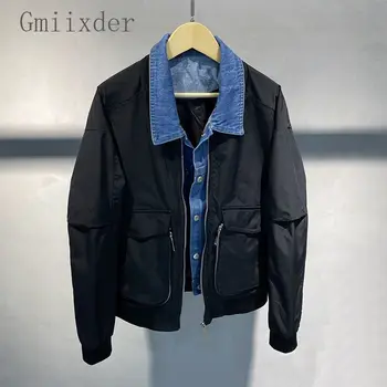Gmiixder Поддельная рабочая одежда из двух частей, мужская демисезонная джинсовая куртка с отворотом на молнии, новая Корейская повседневная джинсовая куртка с подкладкой