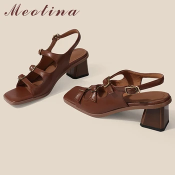 Meotina/ Женские босоножки из натуральной кожи с квадратным носком на высоком массивном каблуке и пряжкой, лаконичная женская модная повседневная обувь, летняя коричневая 40 г.
