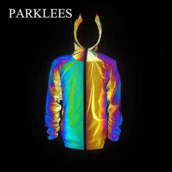 Parklees Мужская лоскутная светоотражающая велосипедная куртка для ночных видов спорта, флуоресцентная куртка с капюшоном, Стильное уличное пальто в стиле хип-хоп, Homme