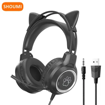 Shoumi Cat Ear Gaming Headphone LED Light Girl Gamer Проводная Гарнитура Game Cat Earphone PC Earbud с Микрофоном для Планшета PS4 Fifa 3.5
