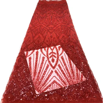 Африканская высококачественная кружевная ткань 2023, красная Французская сетка, ткань с пайетками, Вышитое кружево из тюля, Нигерийская ткань, 5 ярдов