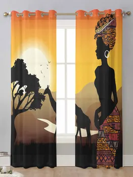 Африканская женщина Силуэты жирафа Прозрачные шторы Для окна гостиной Вуаль Тюлевая занавеска Cortinas Шторы для домашнего декора