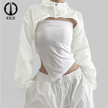 Белые куртки с воротником-стойкой на двух пуговицах в корейском стиле с капюшоном, женские повседневные спортивные рубашки с длинным рукавом, топы Y2k, наряды