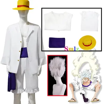Белый Луффи Косплей Аниме Gear 5 Nika Form Костюм для взрослых и детей Полный комплект Белая рубашка Брюки Пояс Парики
