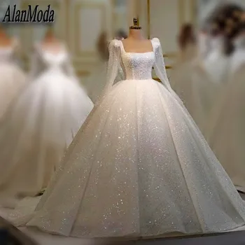 Блестящие свадебные платья в арабском Дубае, Зимние свадебные платья принцессы без бретелек с блестками, Роскошные свадебные платья с длинным рукавом Bata Novia Personalizada