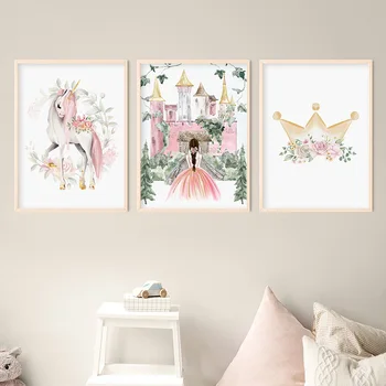 Девочка-принцесса, замок с единорогом, Цветочная корона, настенное искусство для детской, холст, живопись, плакаты на скандинавскую тему и принты, декор детской комнаты