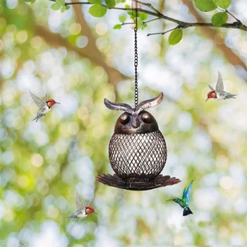 Диспенсер для кормления птиц в форме совы Подвесные Металлические кормушки для диких колибри Контейнер для семян Кормушка для птиц Принадлежности для кормления