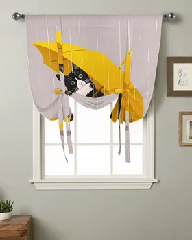 Желтый зонтик Кошка Кухня Короткий Карниз для штор Карманные шторы Домашний декор Спальня Маленькое окно Римские занавески на завязках