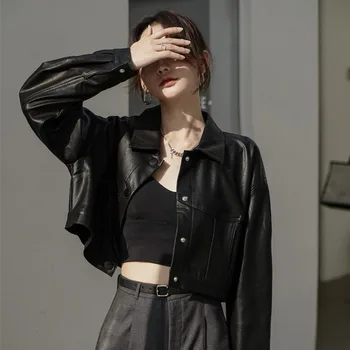 Женские кожаные куртки, Мотоциклетная байкерская одежда, Кожа, осень 2023, Корейский Harajuku Y2K, Черное Свободное пальто на пуговицах из искусственной кожи, верхняя одежда