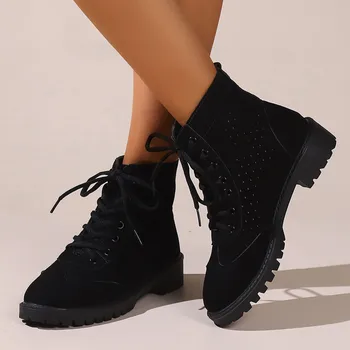 Женские короткие сапоги в стиле ретро, модные дышащие однотонные бархатные ботинки на толстом каблуке, ботинки на массивном каблуке