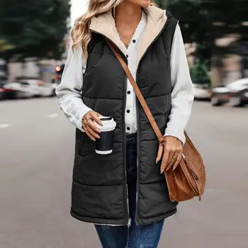 Женское осенне-зимнее реверсивное жилетное пальто с капюшоном, куртка без рукавов на флисовой подкладке, однотонный жилет средней длины, Длинная теплая верхняя одежда