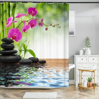 Зеленое растение, бамбуковая занавеска для душа, Занавеска для ванной комнаты, Водонепроницаемая полиэфирная 3D-печать деревьев 180 * 200 см, Ширма для ванны с крючками