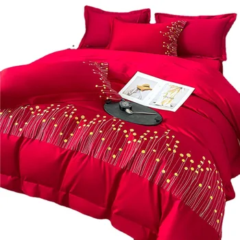 Количество нитей 100 Набор хлопчатобумажной вышивки из четырех частей Красный Свадебный набор Полностью Хлопчатобумажное свадебное Стеганое одеяло