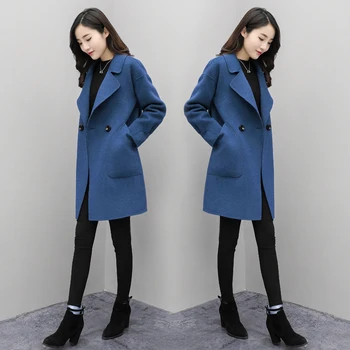 Корейская шерстяная куртка Женская средней длины 2023, осень-зима, Новые шерстяные пальто, Женская свободная Тонкая Двубортная одежда, пальто