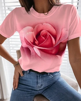 Красивая женская футболка с цветочным рисунком, 3D роза, круглый вырез, короткий рукав для девочек, повседневная уличная верхняя рубашка, модная женская футболка оверсайз