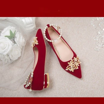 Красные Свадебные туфли на Высоком Каблуке для Женщин, Новинка 2023 года, Свадебное Платье Невесты на шнуровке, Расшитое Бисером, Двухстороннее, Не Утомляющее Ноги, Женская обувь