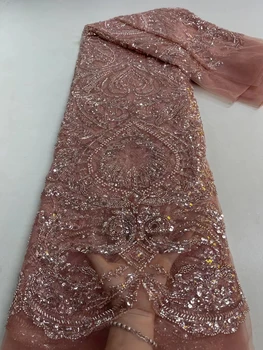 Кружевная ткань с бисером, высокое качество, Дубайское золото, 2023, Роскошные хрустальные бусины ручной работы для свадебных платьев, Французский тюль с пайетками, красный