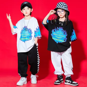 Крутые футболки для мальчиков в стиле хип-хоп, джоггеры для девочек, Комплекты одежды для уличных танцев, Свободные брюки, Детские джазовые наряды, Детские уличные костюмы.