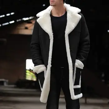 Куртка средней длины, мужская куртка из утолщенной замши с плюшевой подкладкой, большие лацканы для осенне-зимней верхней одежды с карманами на длинных рукавах