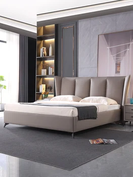 Легкая роскошная современная кожаная кровать простая двуспальная кровать в главной спальне высокого класса в минималистском стиле