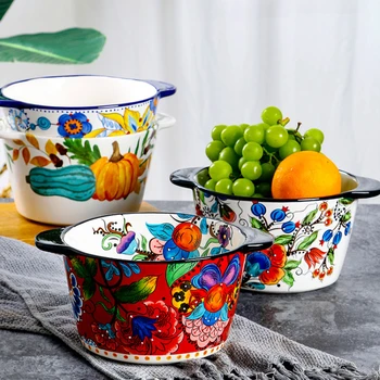 Легкие роскошные ретро-керамические чаши с двойными ушками, ручная роспись, устойчивые к глажению в домашних условиях, 1,8 л, Подглазурная ваза для фруктов, удобное хранение
