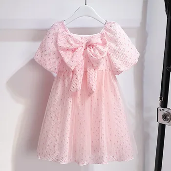 Летнее розовое платье принцессы 2023 года для корейских девочек, детские тюлевые платья с цветочным принтом для вечеринки по случаю Дня рождения, детская одежда для девочек в цветочек