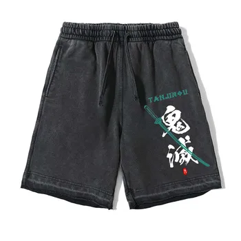Летние мужские шорты, винтажные шорты из 100% хлопка, свободные пятые брюки Demon Slayer в стиле ретро, оверсайз, уличная одежда Harajuku, шорты