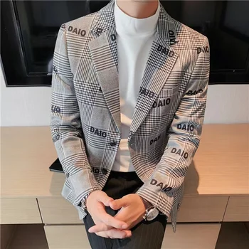 Мужской пиджак 2023 года, серый Шерстяной Твид в клетку, ретро-Утолщение, официальный деловой жених для свадьбы