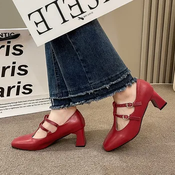 Новые модные женские туфли-лодочки, женские туфли Мэри Джейнс на среднем каблуке, винтажные туфли-лодочки с Т-образной пряжкой, весенне-осенние кожаные туфли на каблуке