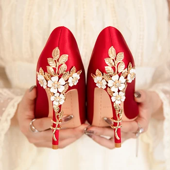 Обувь, атласные женские туфли-лодочки, новинка 2023 года, модные свадебные женские туфли на высоком каблуке, роскошные благородные вечерние туфли на шпильке, модельные туфли-лодочки