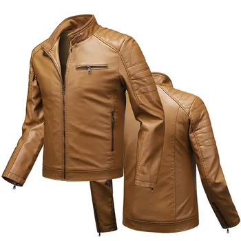 Осенне-зимняя мужская кожаная куртка на молнии, пальто, приталенное мотоциклетное пальто со стоячим воротником