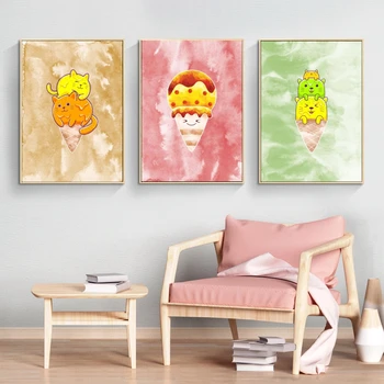 Печать на холсте, картины с изображением Милого кота, украшения из мороженого, детские подарки, принты, настенное искусство, домашние Детские фигурки