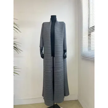 Плиссированная куртка 2023, Осенний длинный кардиган, Ветровка, длинное пальто, Однотонный Свободный Увеличенный V-образный вырез, высококачественный пояс, длинное пальто, халат
