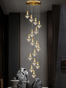 Подвесной светильник для гостиной на вилле, Дизайнерская лестница в лофт, Подвесная двухуровневая люстра, современная креативная Золотая Хрустальная люстра