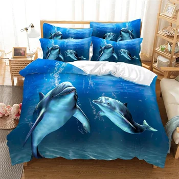 Прекрасный пододеяльник с дельфином, комплект постельного белья с животными синего океана, одеяло королевского размера, покрывало для женщин, украшение спальни для девочек
