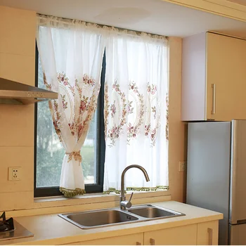 Прозрачные короткие занавески с вышивкой Розовая цветочная Книжная полка Полупанельные шторы для оформления окон кухни отеля