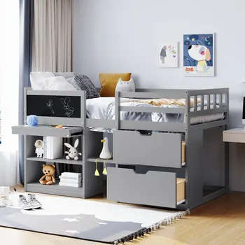 Простая двуспальная низкая кровать-чердак с выдвижным столом, полкой и выдвижными ящиками, подходит для спален, детских комнат - серый