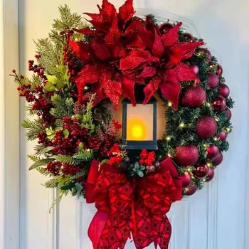 Рождественский Венок с лампой Бантом Шаром Большим Красным цветком Navidad Party Стена Дверь Окно Камин Лестница Балкон Садовый Венок 2023