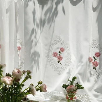 Романтические короткие занавески для кухни, ванной комнаты, шкафа, Белый тюль с цветочной вышивкой, Элегантная прозрачная занавеска, украшение окна