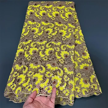 Роскошная африканская ткань 2023 года, 3D вышивка, кружево с пайетками для женских вечерних платьев, 5 ярдов водорастворимой зеленой хлопчатобумажной ткани для шитья