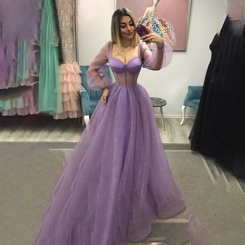 Светло-фиолетовые платья для выпускного вечера для женщин с длинными рукавами в виде сердца, иллюзионное платье из тюля трапециевидной формы для торжественных случаев, Vestidos Para Mujer, 2023