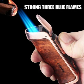 Честная Роскошная Сигара С Тройным Синим Пламенем В стиле Ретро, Газовая Бутановая Металлическая Зажигалка с Резаком для Сигар, Мужская Зажигалка