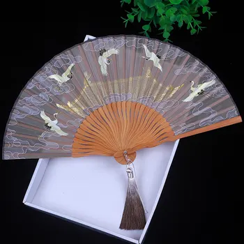 Японский старинный шелковый складной веер для женщин, винтажный Hanfu, процесс выдалбливания, Китайский классический веер, лето
